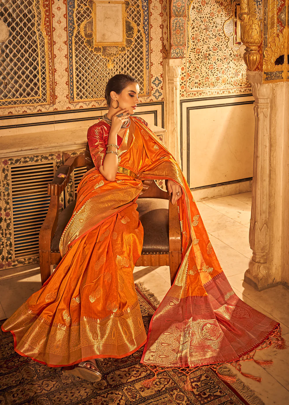 GOLDFISH ORANGE BANARASI Woven TISSUE Silk Saree