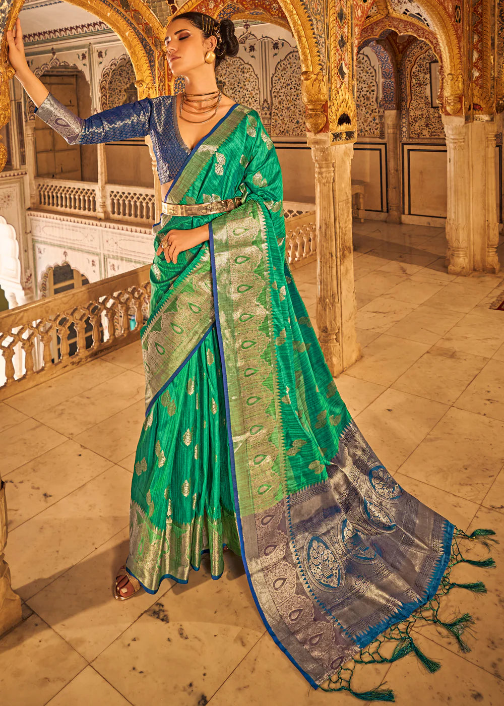 OCEAN GREEN BANARASI Woven TISSUE Silk Saree