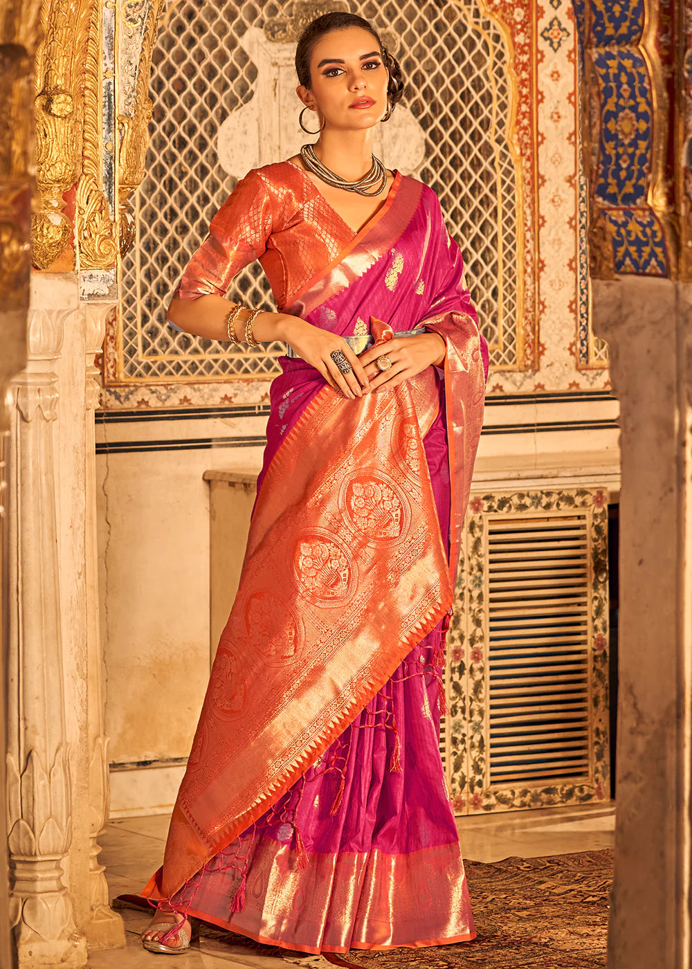 MANGENTA PINK  BANARASI Woven TISSUE Silk Saree