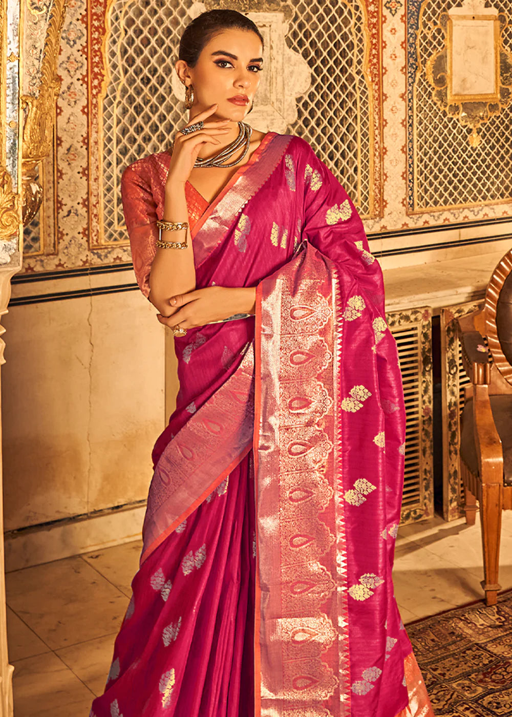 MANGENTA PINK  BANARASI Woven TISSUE Silk Saree