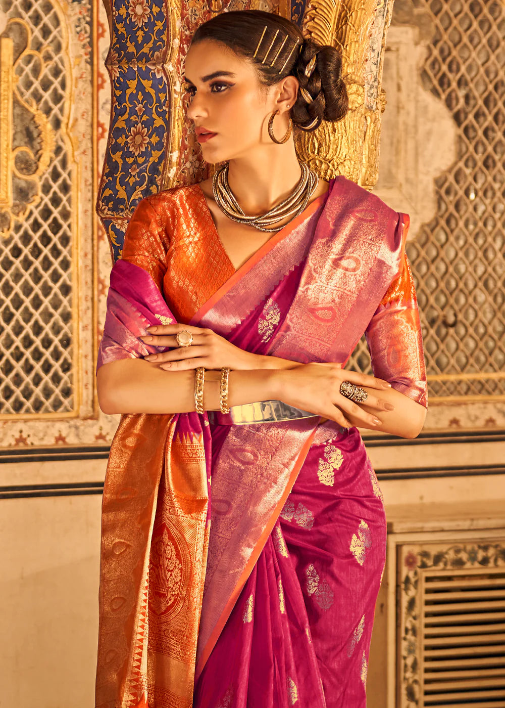 MANGENTA PINK  BANARASI Woven TISSUE Silk Saree