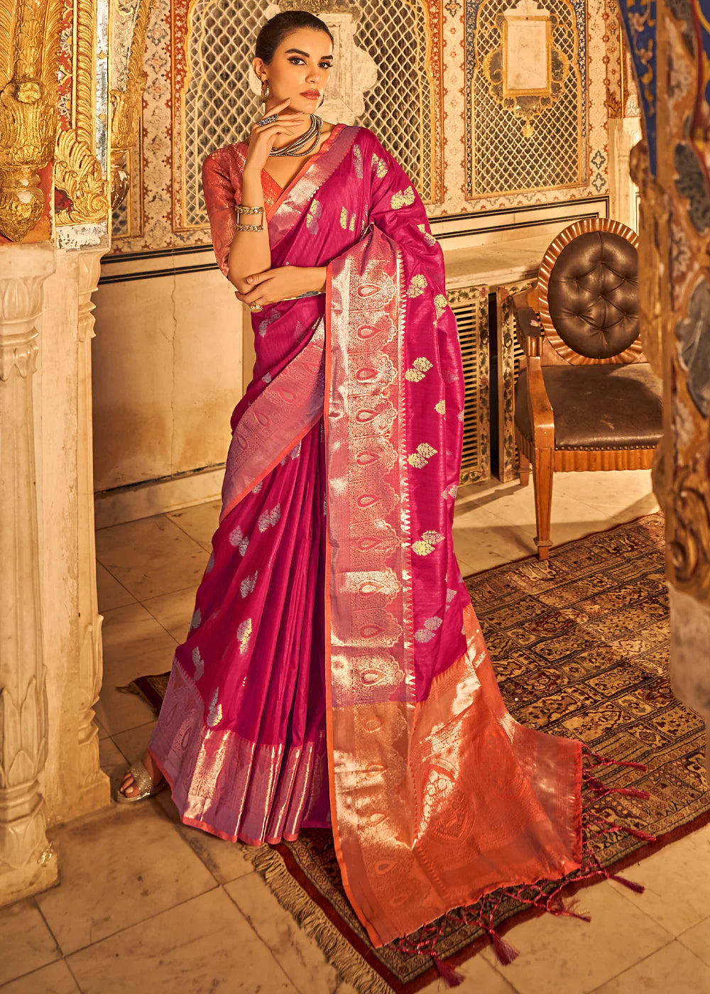 MANGENTA PINK  BANARASI Woven TISSUE Silk Saree