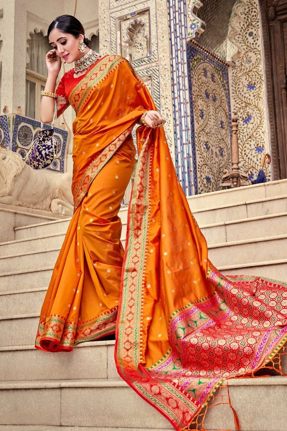 GERINE ORANGE WOVEN SOFT SILK SAREE