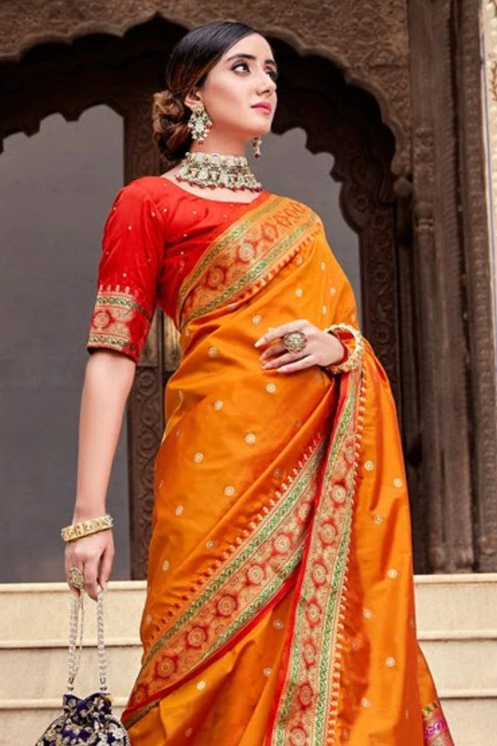 GERINE ORANGE WOVEN SOFT SILK SAREE