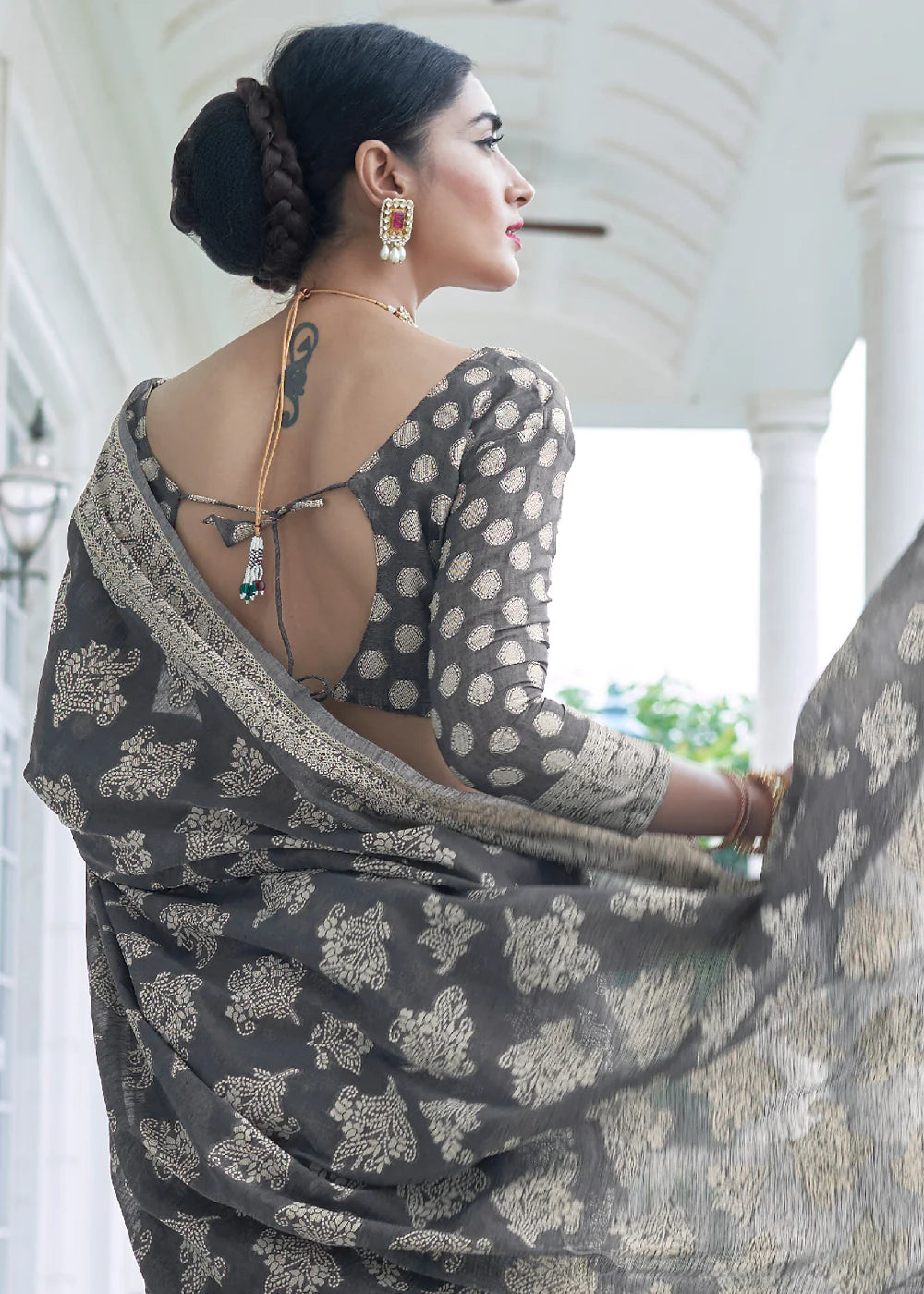 Grey Lucknowi Chikankari Cotton Princess Saree