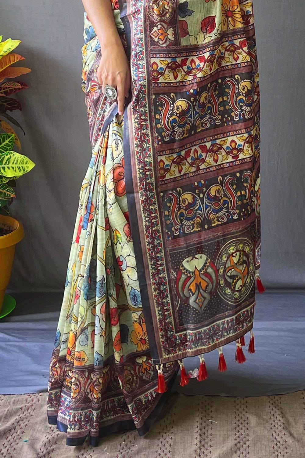 PITCH GREEN KALAMKARI PRINTED SOFT COTTON SAREE