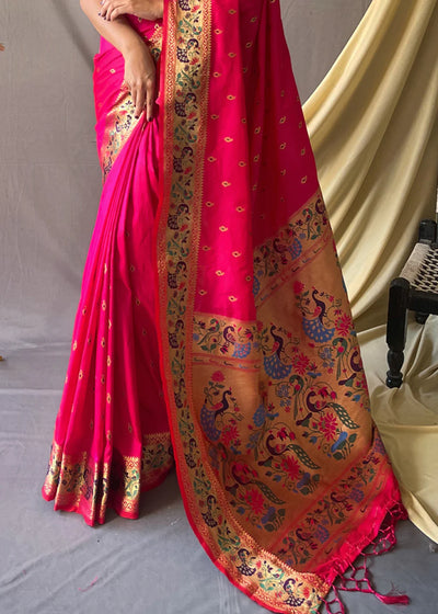 CORAL Pink Woven Paithani Silk Saree