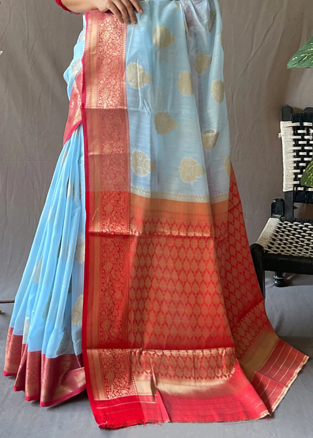 POWDER BLUE Linen  Banarasi Silk Saree