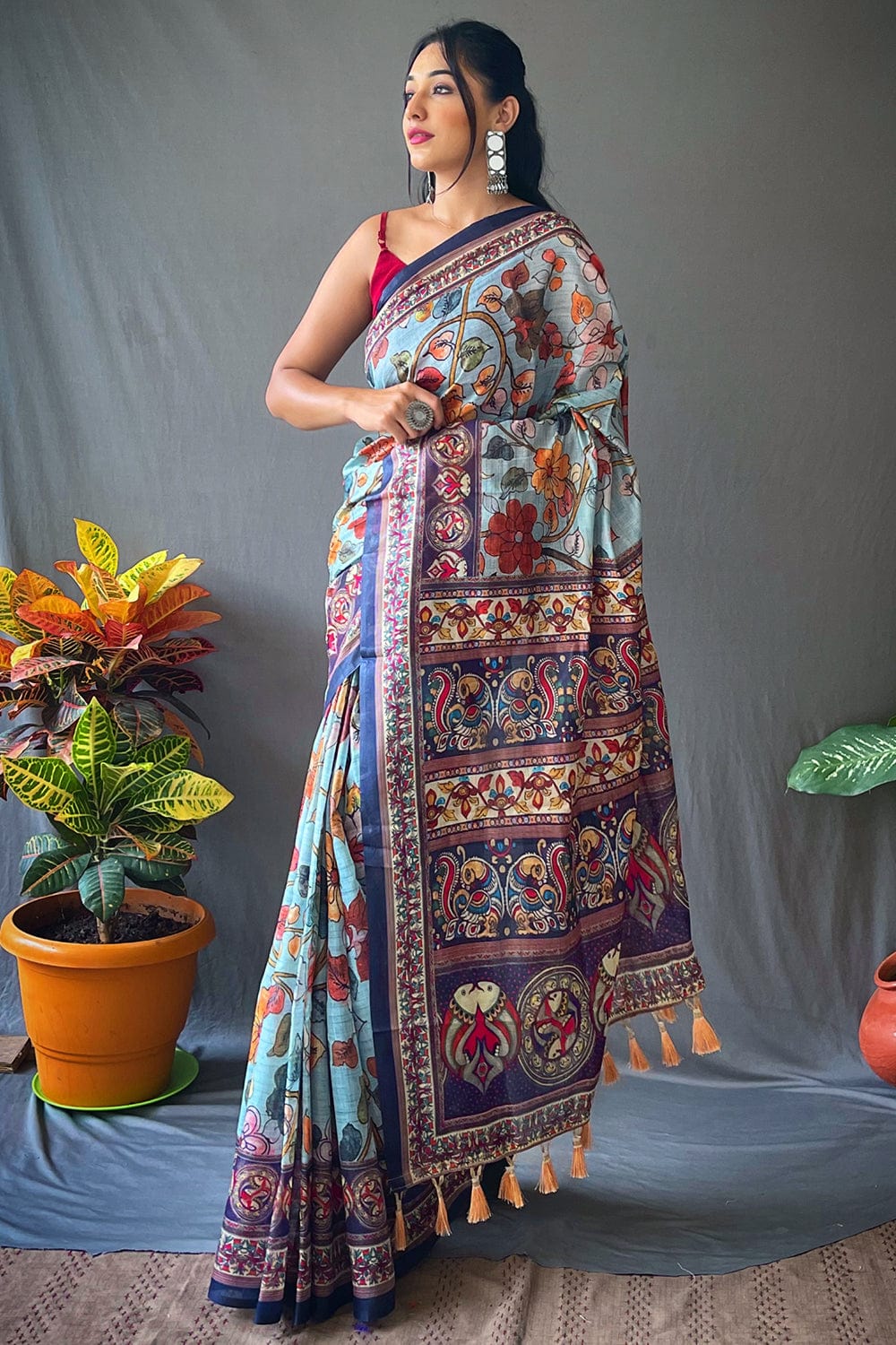 SKY BLUE KALAMKARI PRINTED SOFT COTTON SAREE