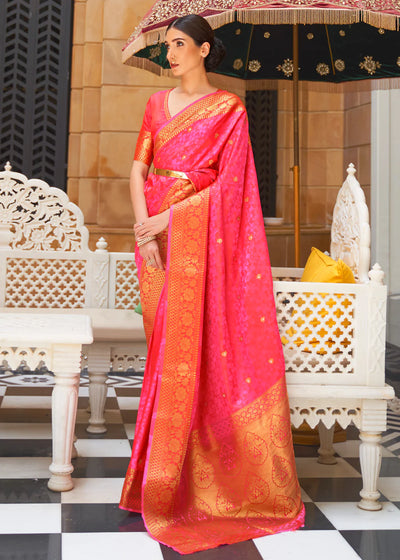 Blossoming Berry Pink and Gold Woven Kanjivaram Saree