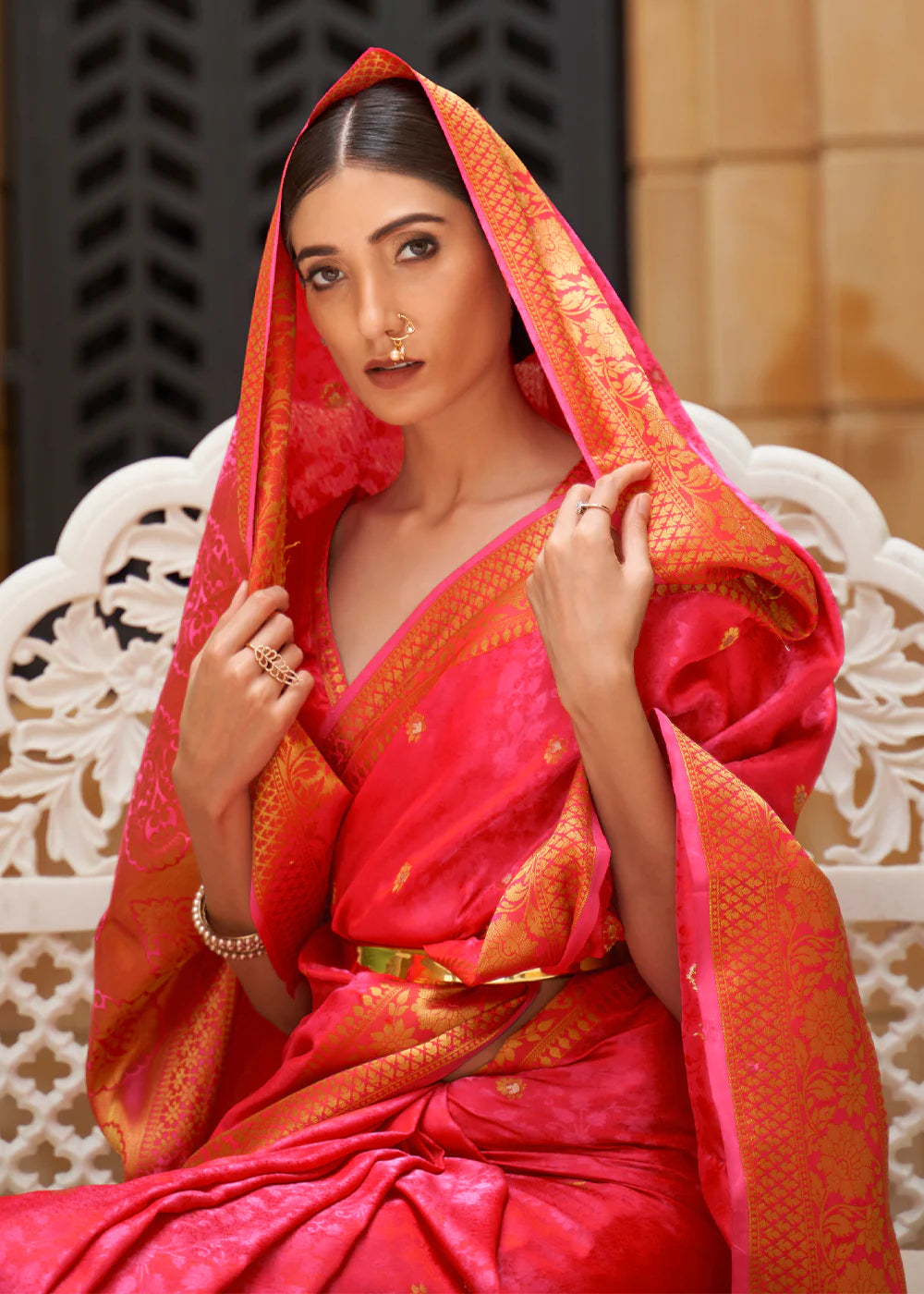 Blossoming Berry Pink and Gold Woven Kanjivaram Saree