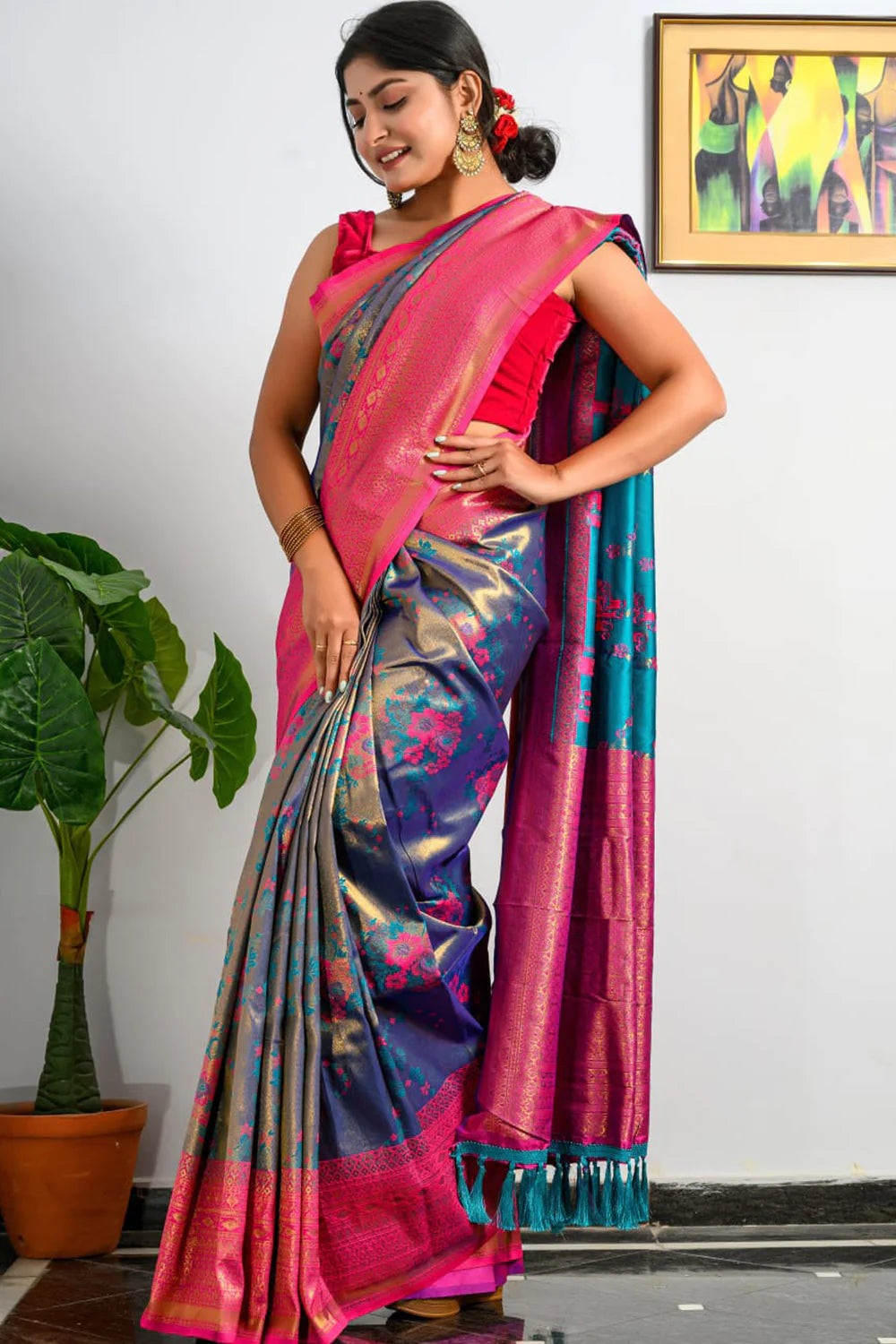 SAPPHIRE BLUE AND PINK KANJIVARAM SILK SAREE