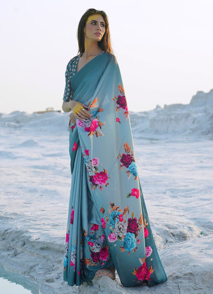 Exceptional Teal Color Satin Trendy Classic Saree