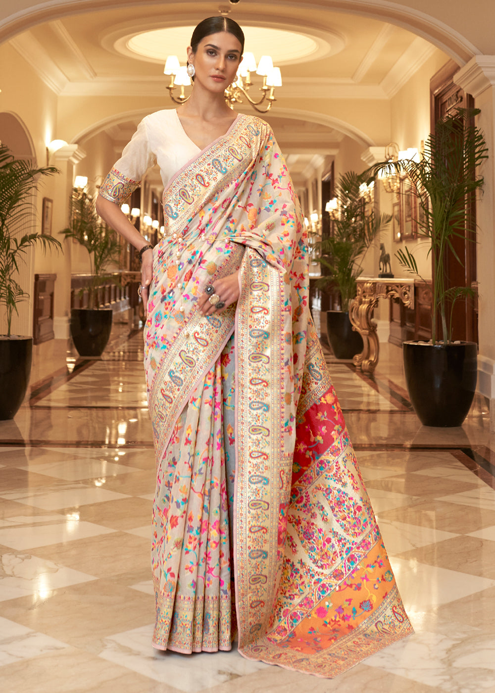 Floral Off-White Woven Kashmiri Pashmina Saree