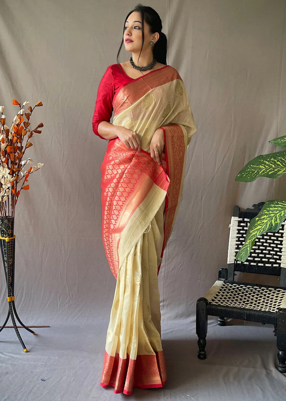 WHEAT BROWN Linen  Banarasi Silk Saree