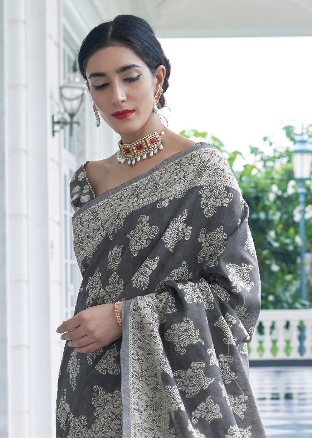 Grey Lucknowi Chikankari Cotton Princess Saree