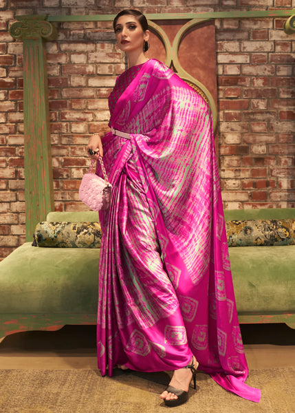 Hot Pink Satin Silk Printed Saree