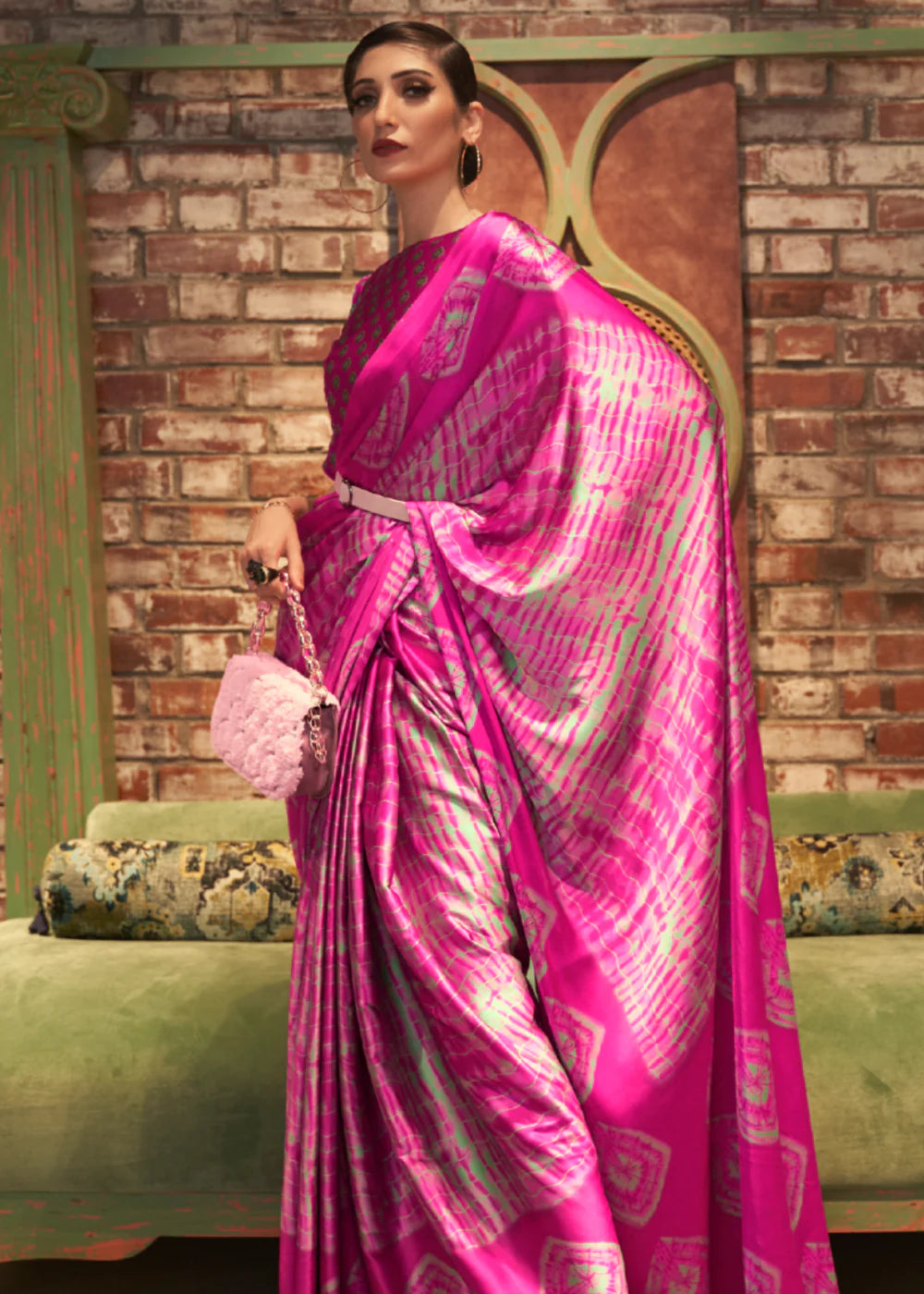 Hot Pink Satin Silk Printed Saree