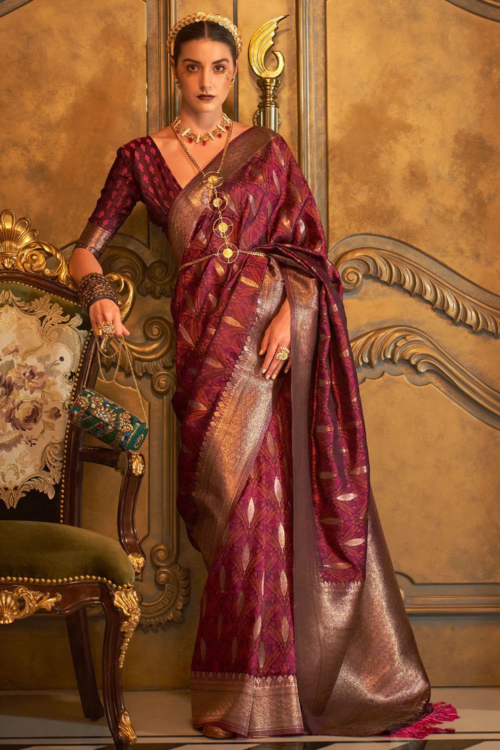 BROWN WINE PURE SATIN SILK HANDLOOM WEAVING SAREE