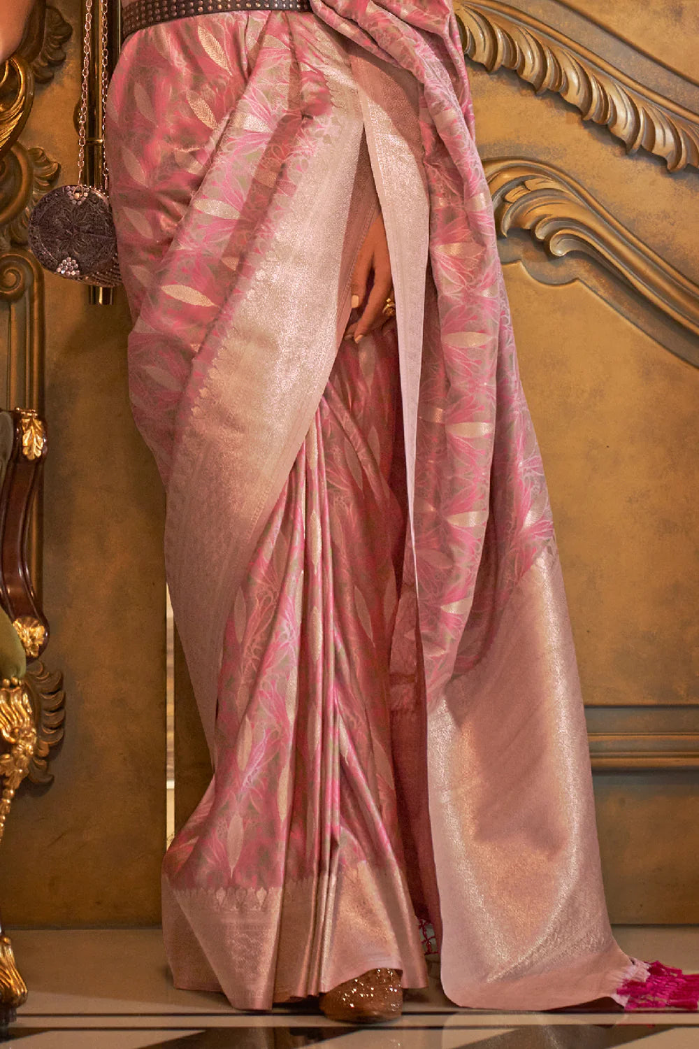 BRINK PINK PURE SATIN SILK HANDLOOM WEAVING SAREE