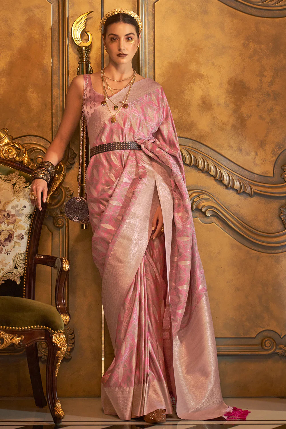 BRINK PINK PURE SATIN SILK HANDLOOM WEAVING SAREE