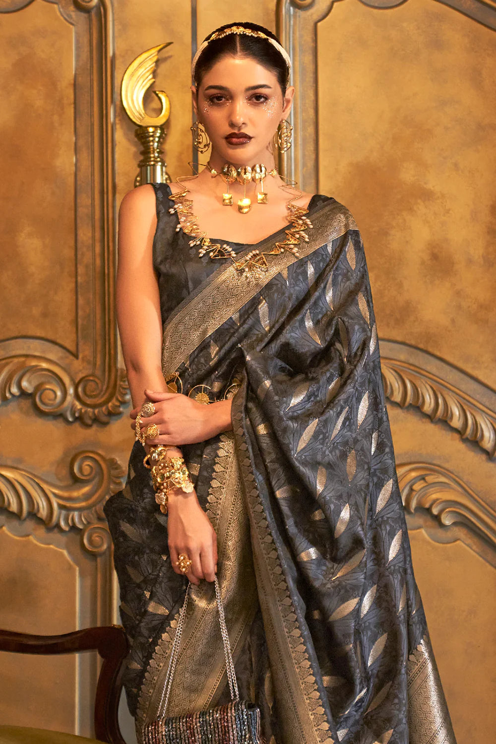 RIVER GREY PURE SATIN SILK HANDLOOM WEAVING SAREE