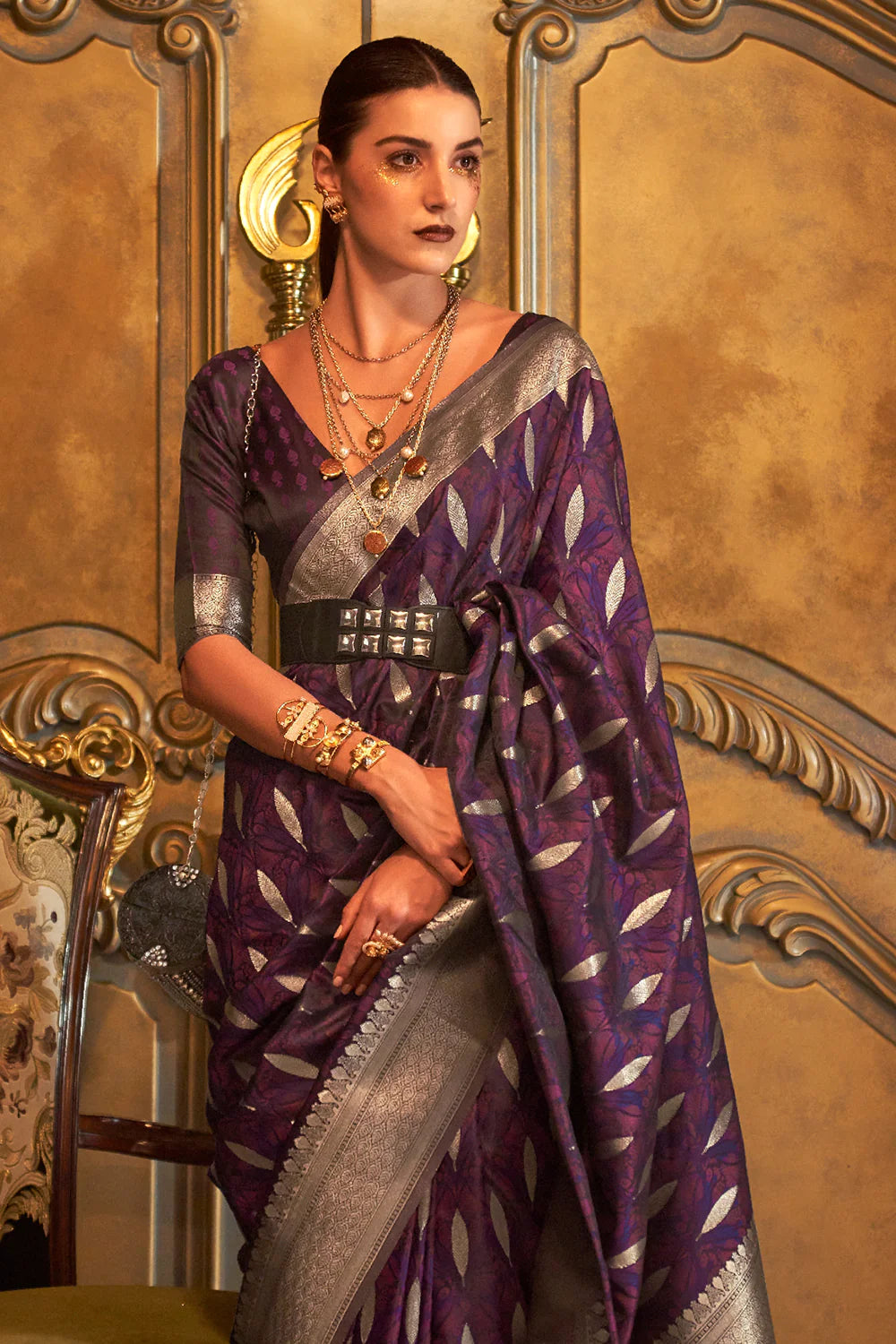 PLUM PURPLE PURE SATIN SILK HANDLOOM WEAVING SAREE