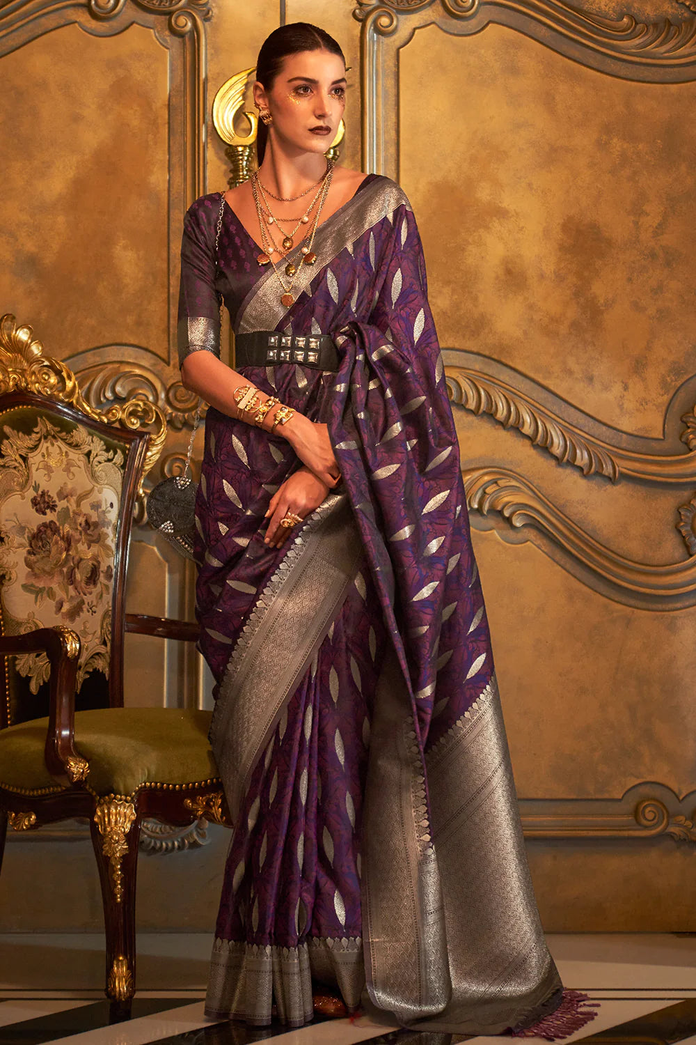 PLUM PURPLE PURE SATIN SILK HANDLOOM WEAVING SAREE