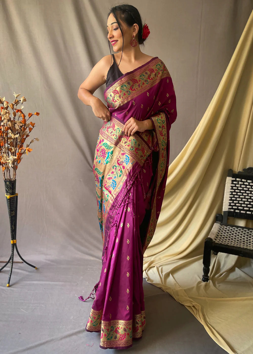 EGGPLANT Purple Woven Paithani Silk Saree