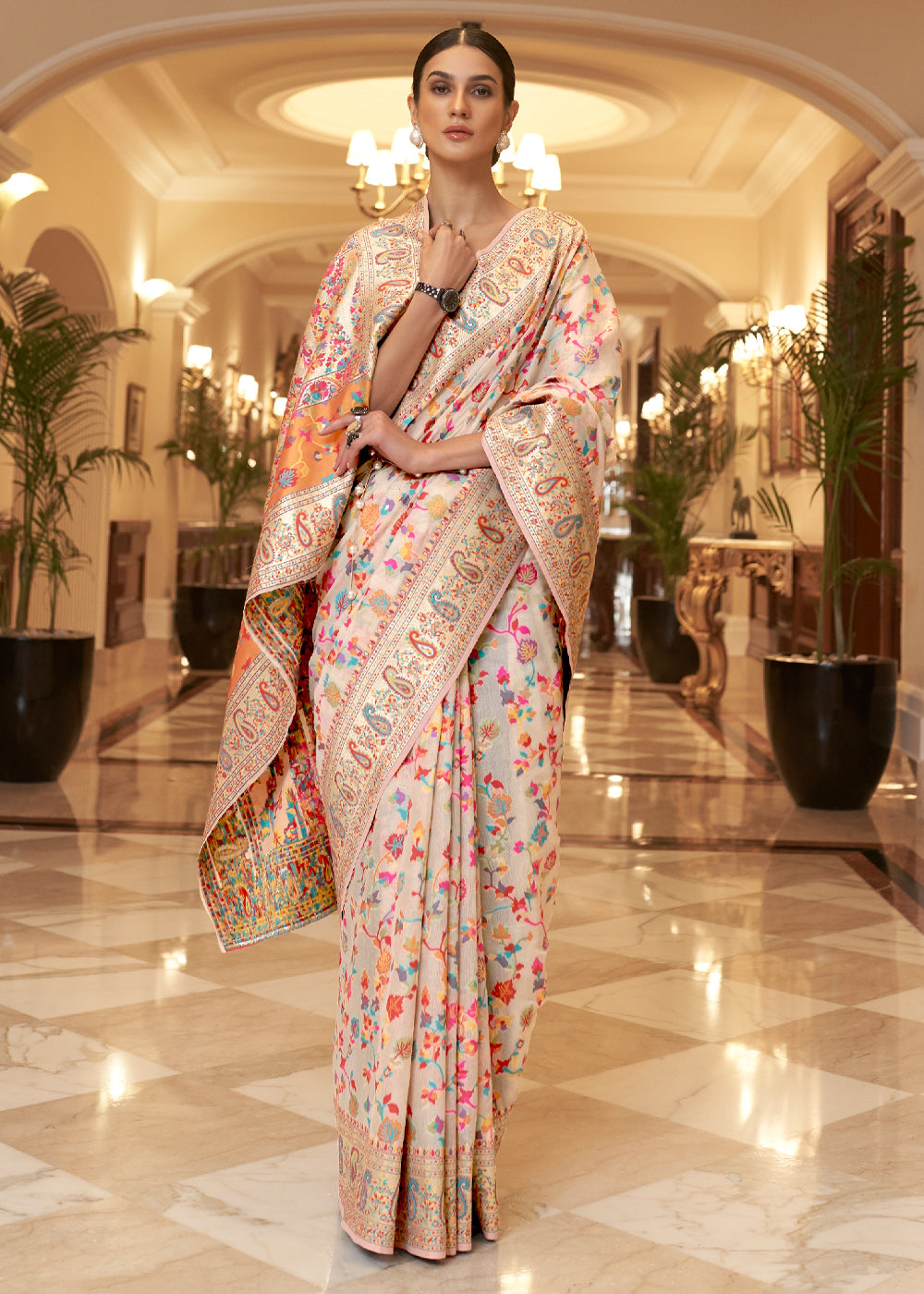 Floral Off-White Woven Kashmiri Pashmina Saree