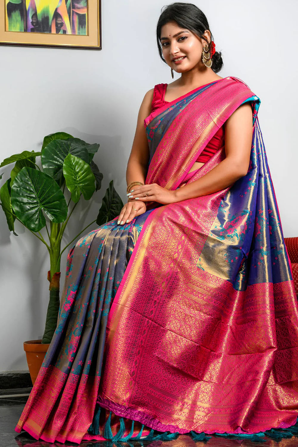 SAPPHIRE BLUE AND PINK KANJIVARAM SILK SAREE