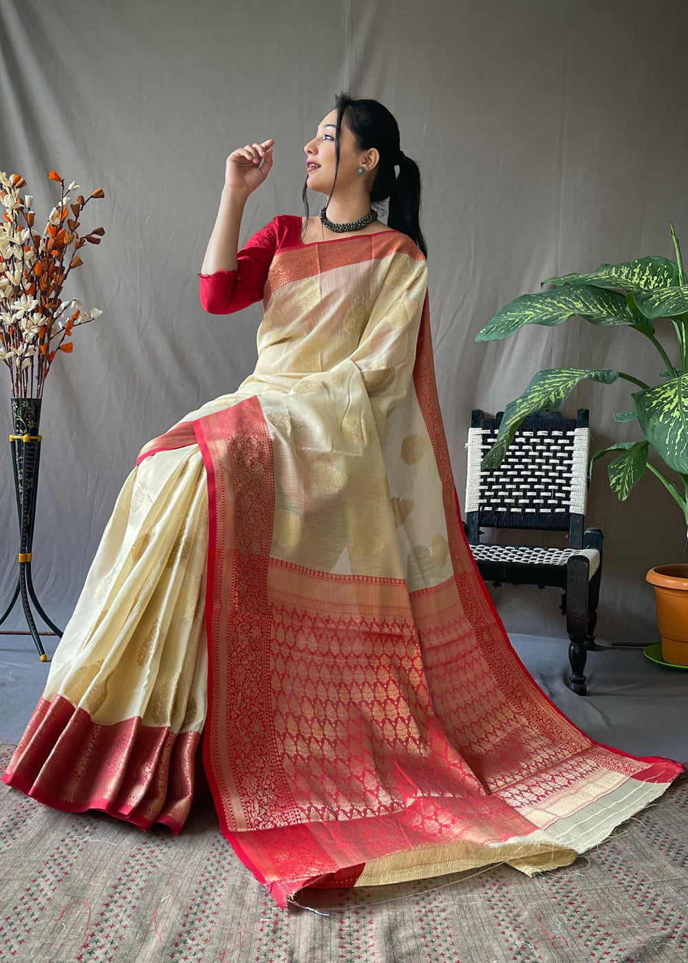 WHEAT BROWN Linen  Banarasi Silk Saree