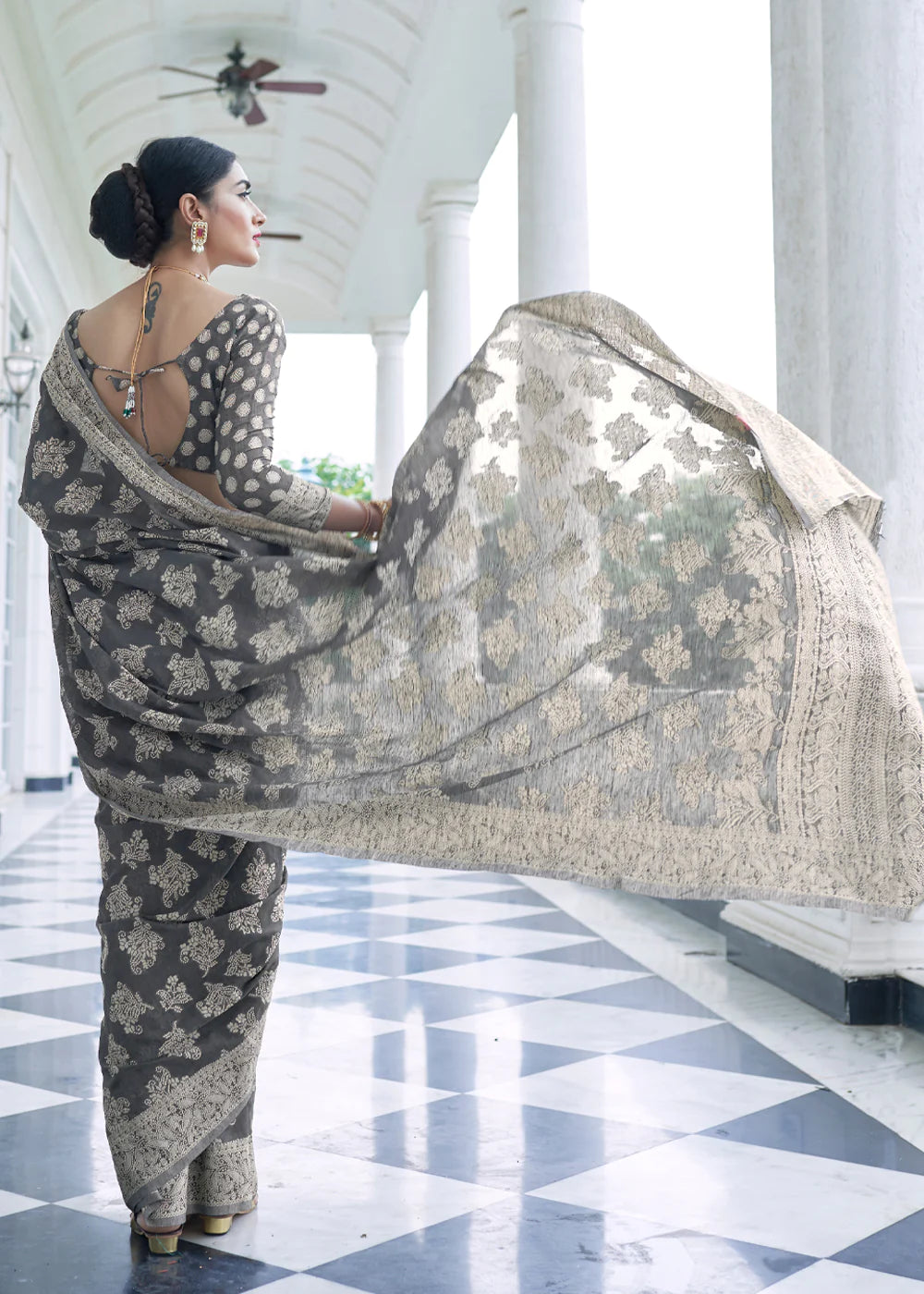 Grey Lucknowi Chikankari Cotton Princess Saree