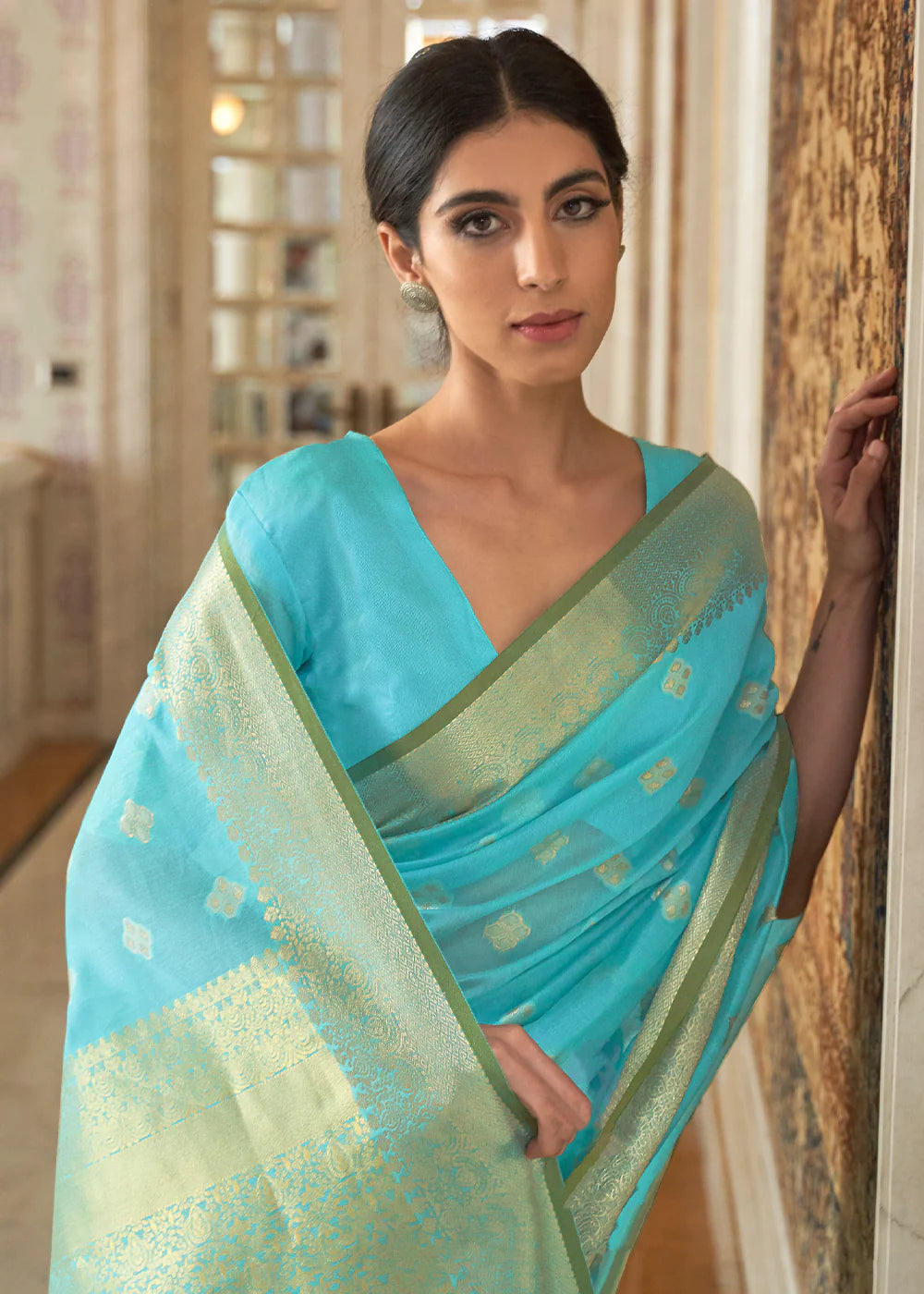 Light BLUE ZARI WOVEN LINEN SILK SAREE