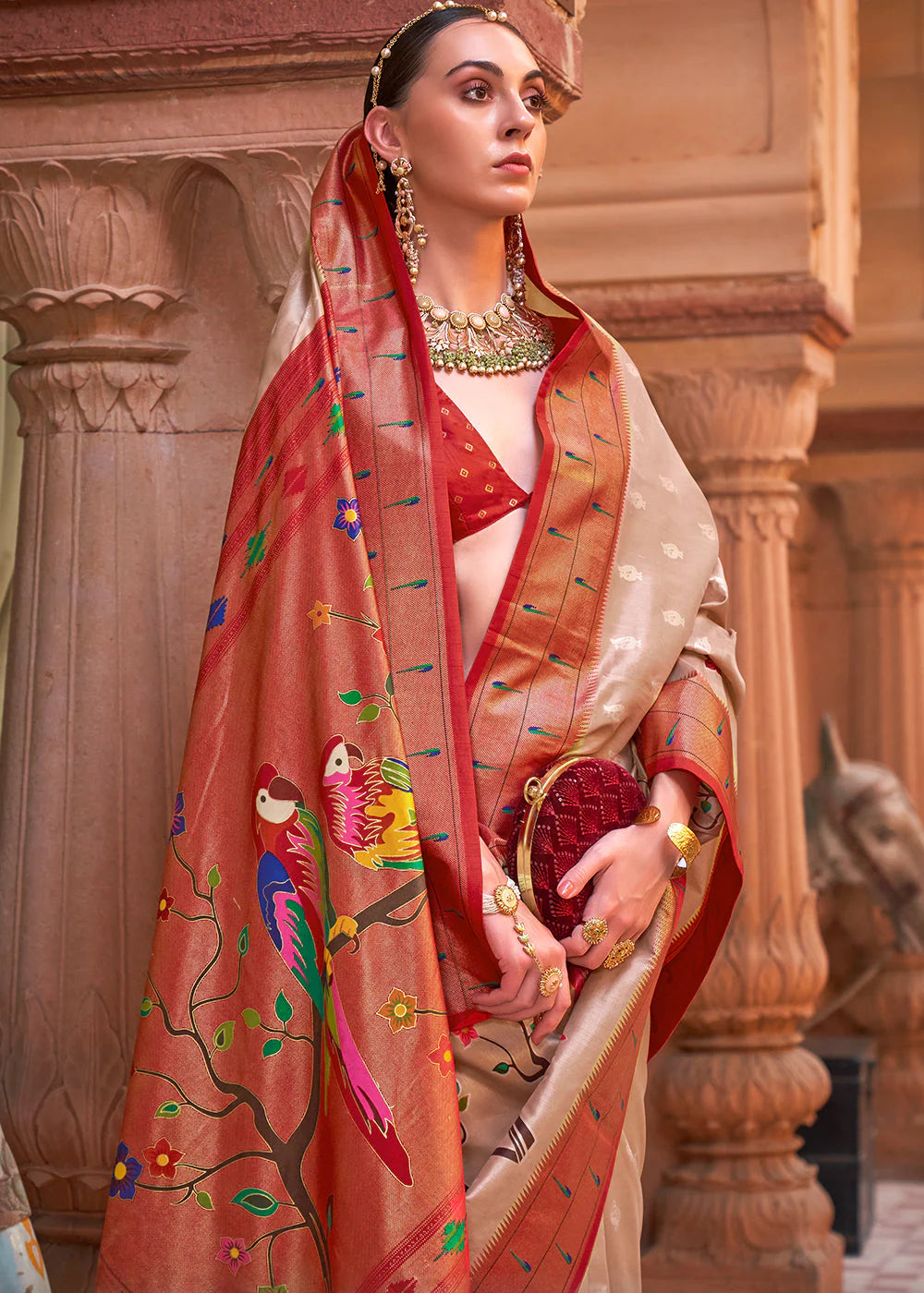 Onion Brown Woven Paithani Silk Saree