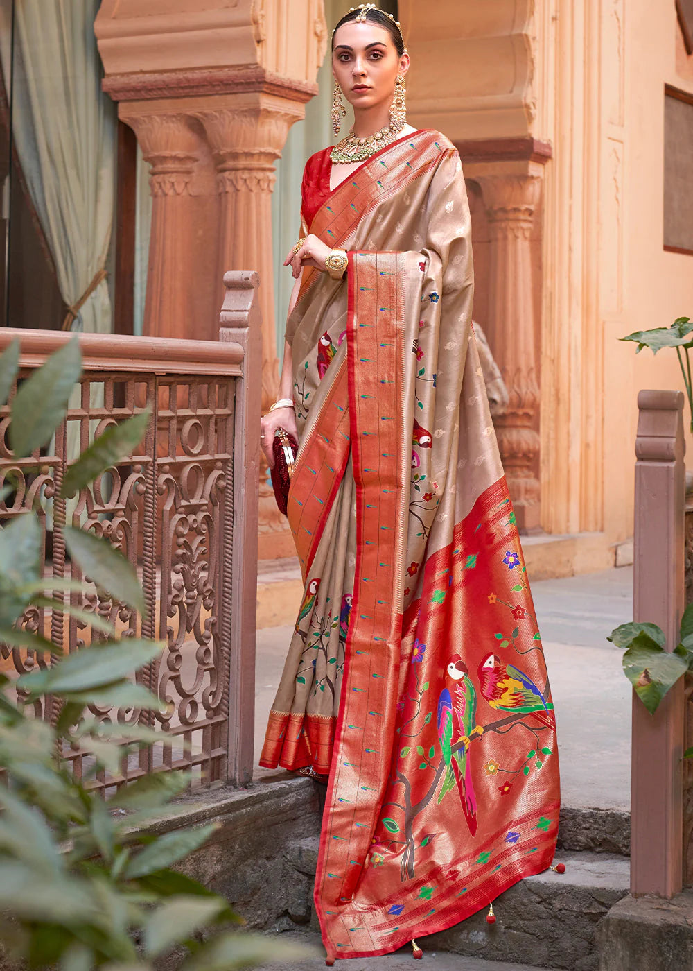 Onion Brown Woven Paithani Silk Saree