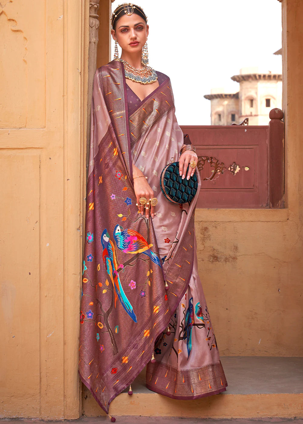 ROSE PINK Woven Paithani Silk Saree