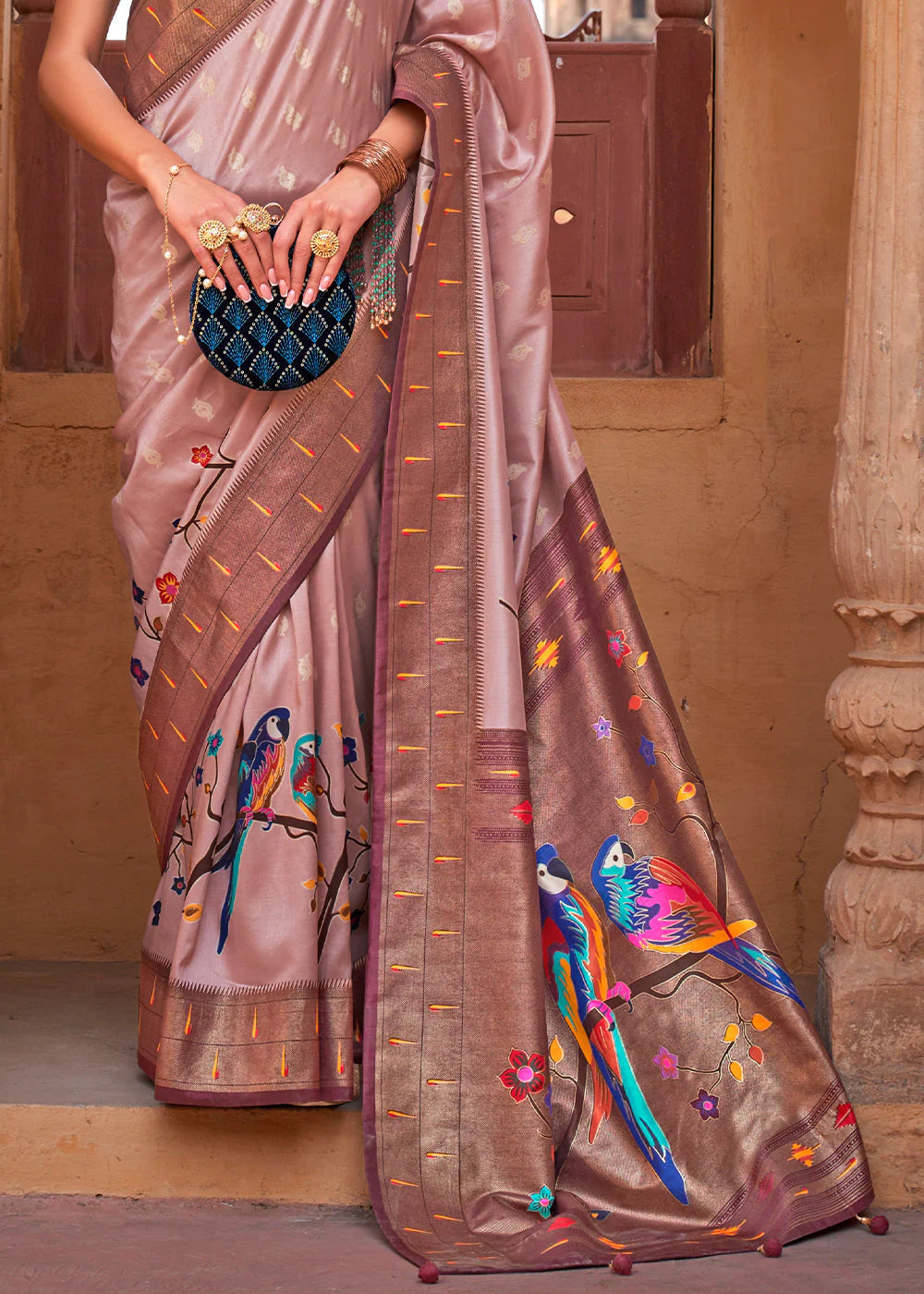 ROSE PINK Woven Paithani Silk Saree