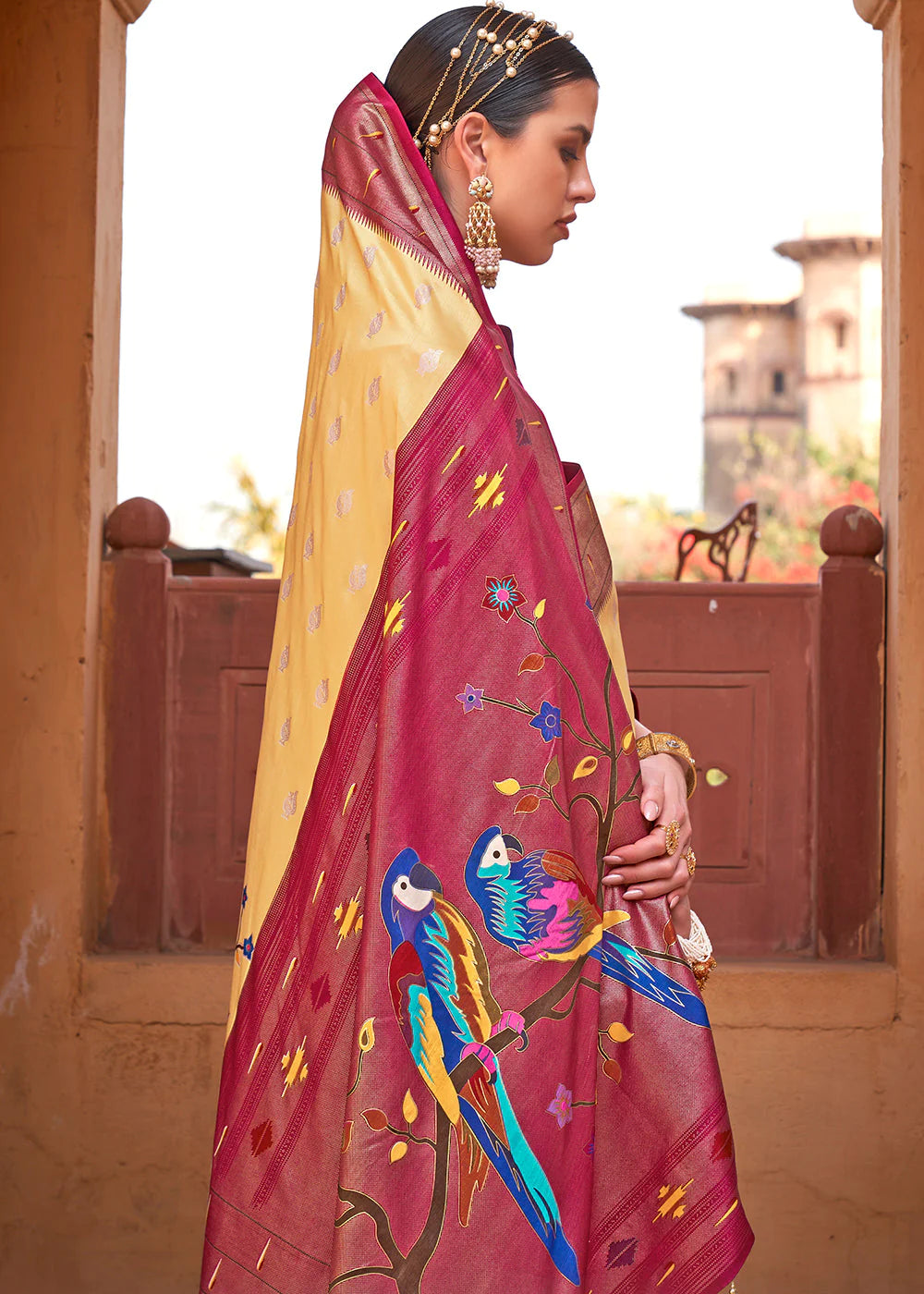 Dandelion Yellow AND RED Woven Paithani Silk Saree