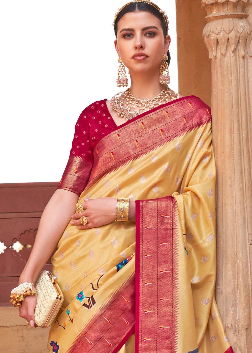 Dandelion Yellow AND RED Woven Paithani Silk Saree