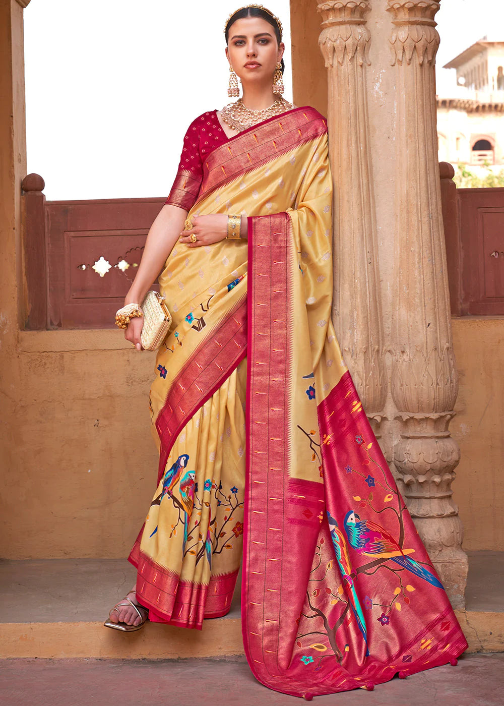 Dandelion Yellow AND RED Woven Paithani Silk Saree