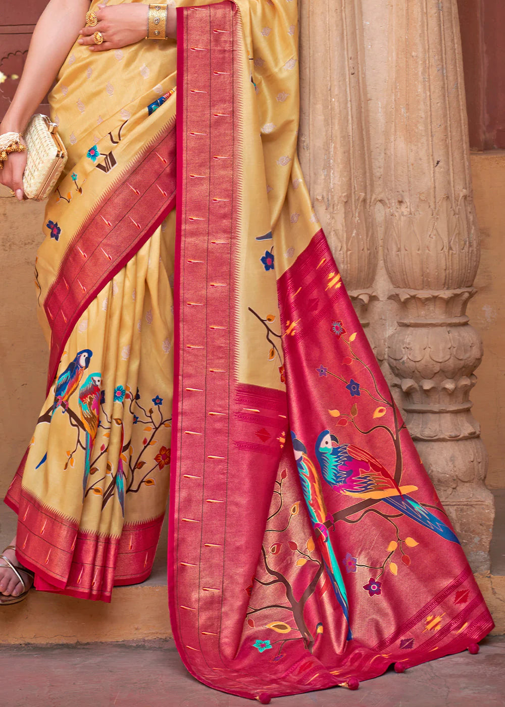 Dandelion Yellow AND RED Woven Paithani Silk Saree