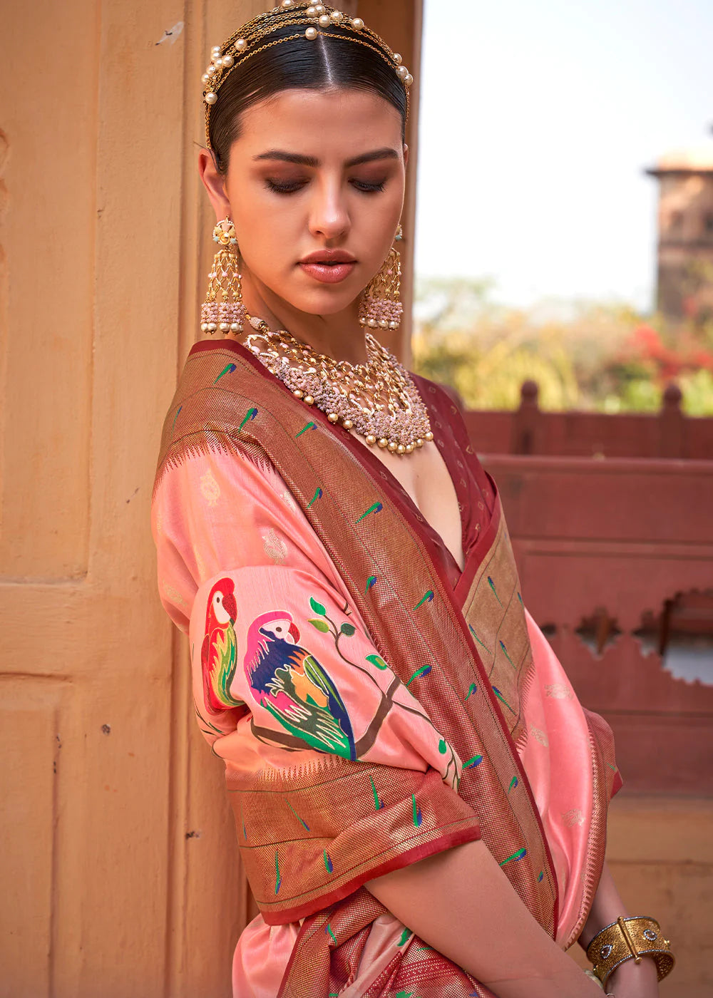 Rose Peach AND RED Woven Paithani Silk Saree