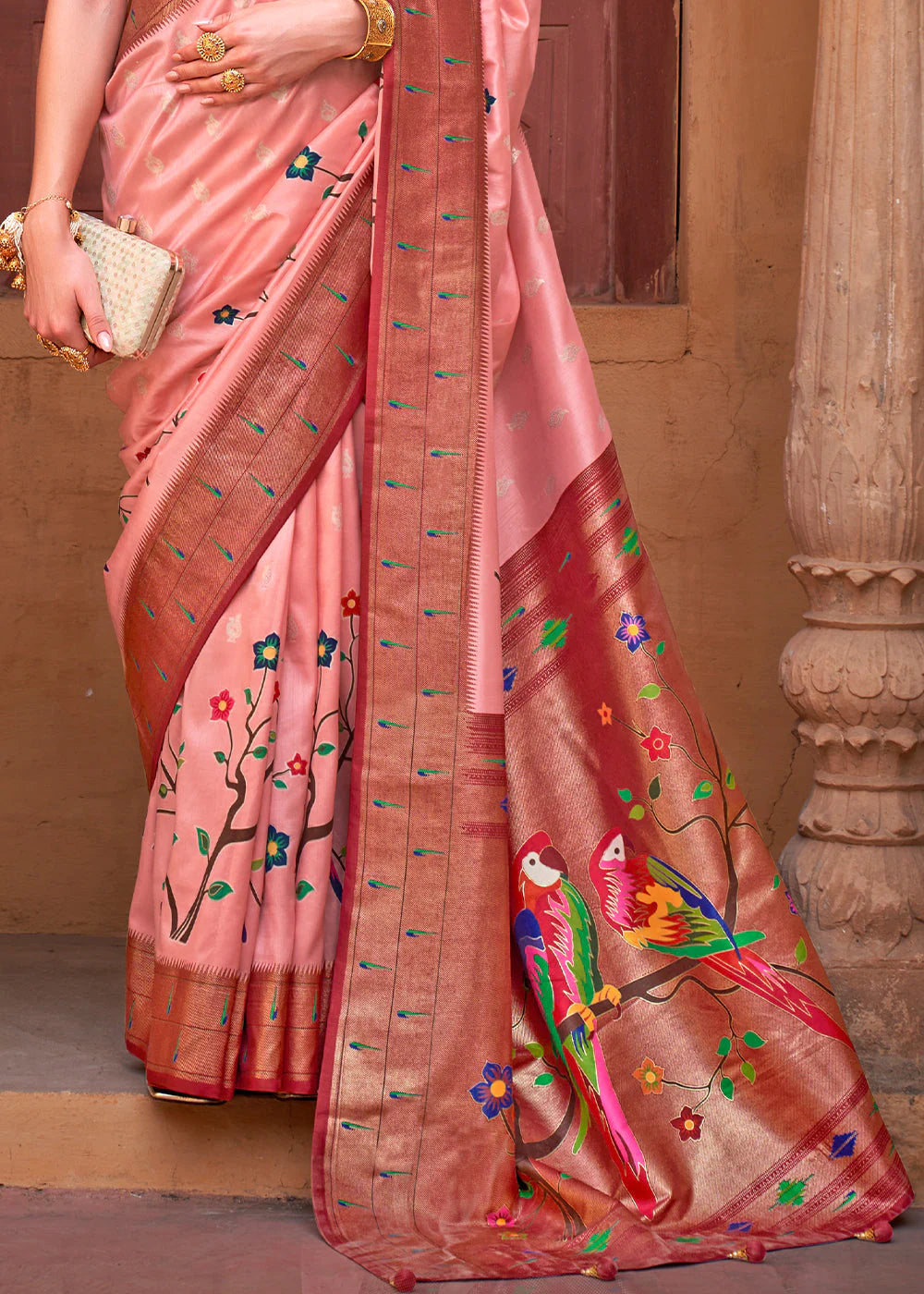 Rose Peach AND RED Woven Paithani Silk Saree