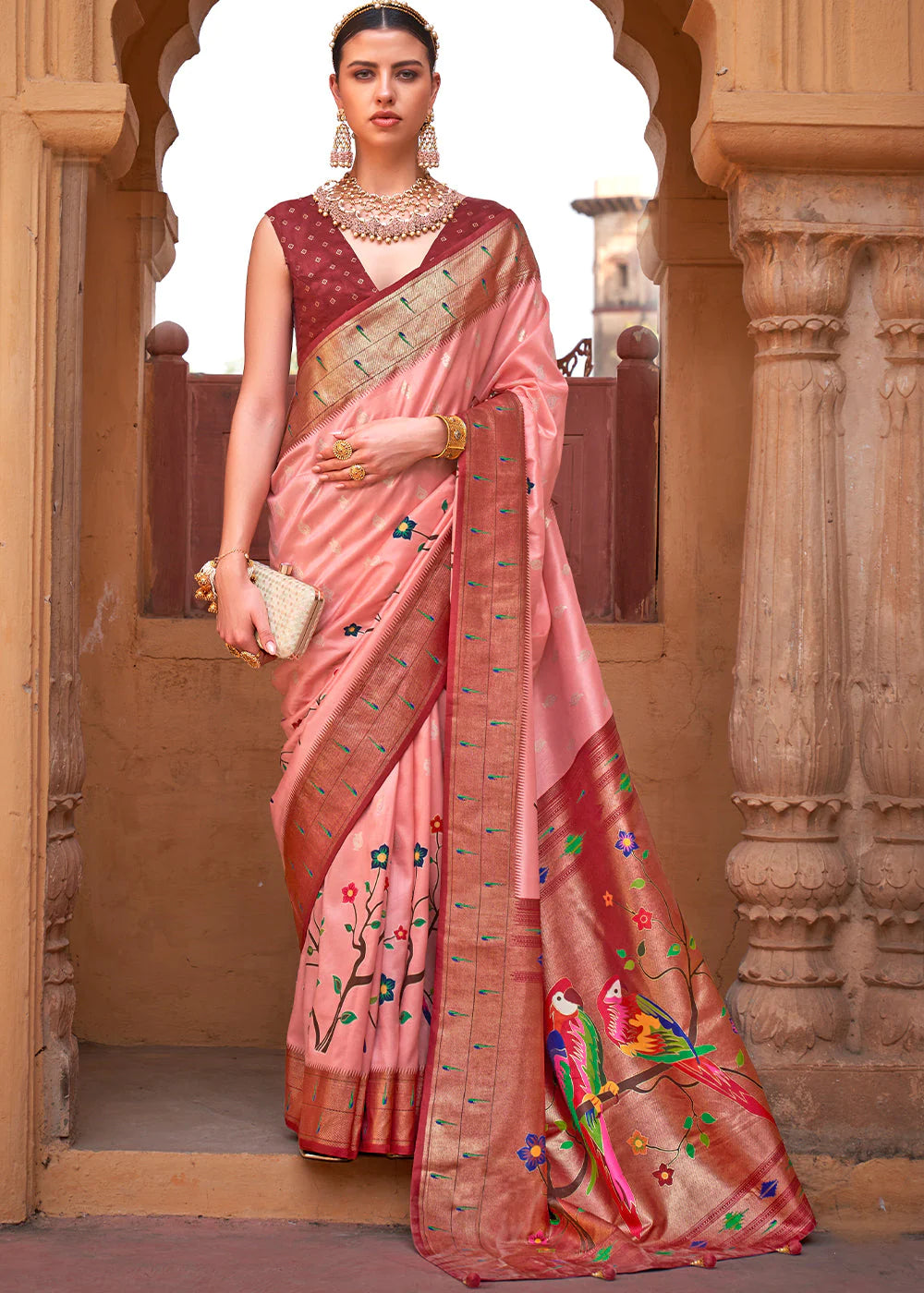 Rose Peach AND RED Woven Paithani Silk Saree