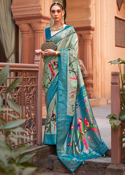 Firozi Blue Woven Paithani Silk Saree