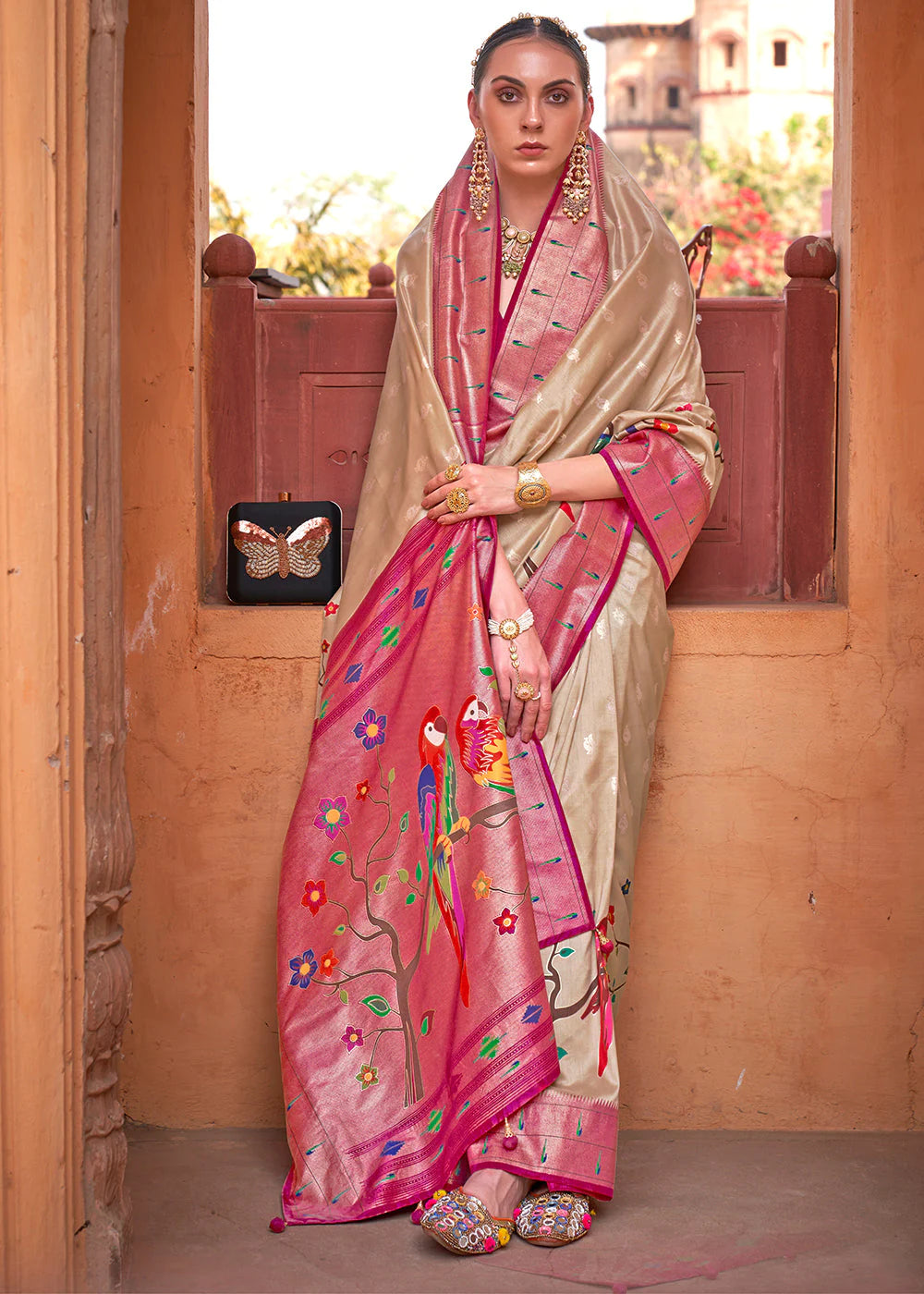 Ivory Beige AND PINK RANI Woven Paithani Silk Saree