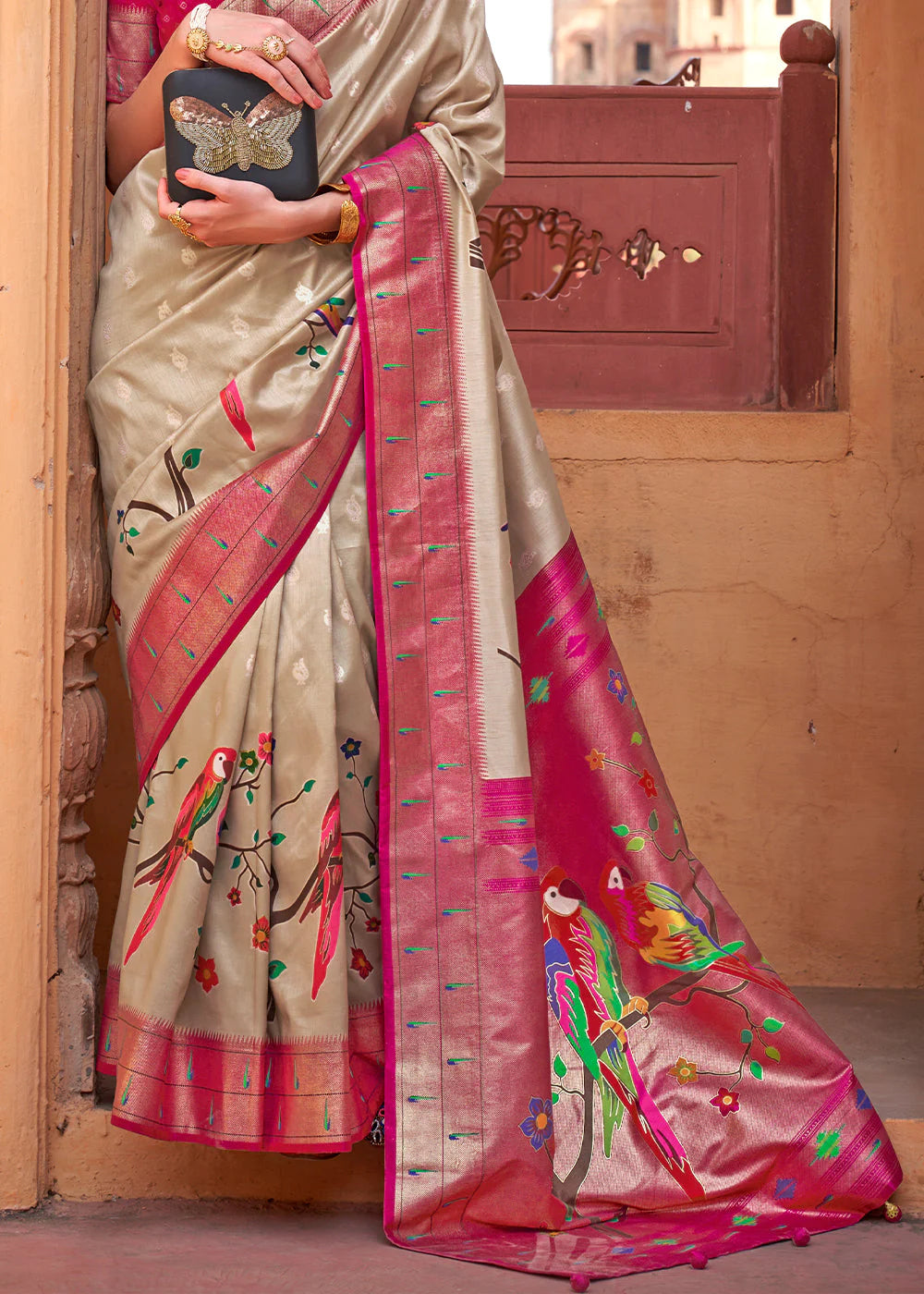 Ivory Beige AND PINK RANI Woven Paithani Silk Saree