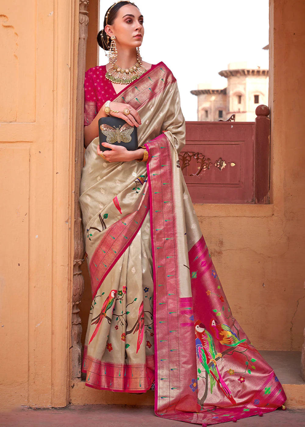 Ivory Beige AND PINK RANI Woven Paithani Silk Saree