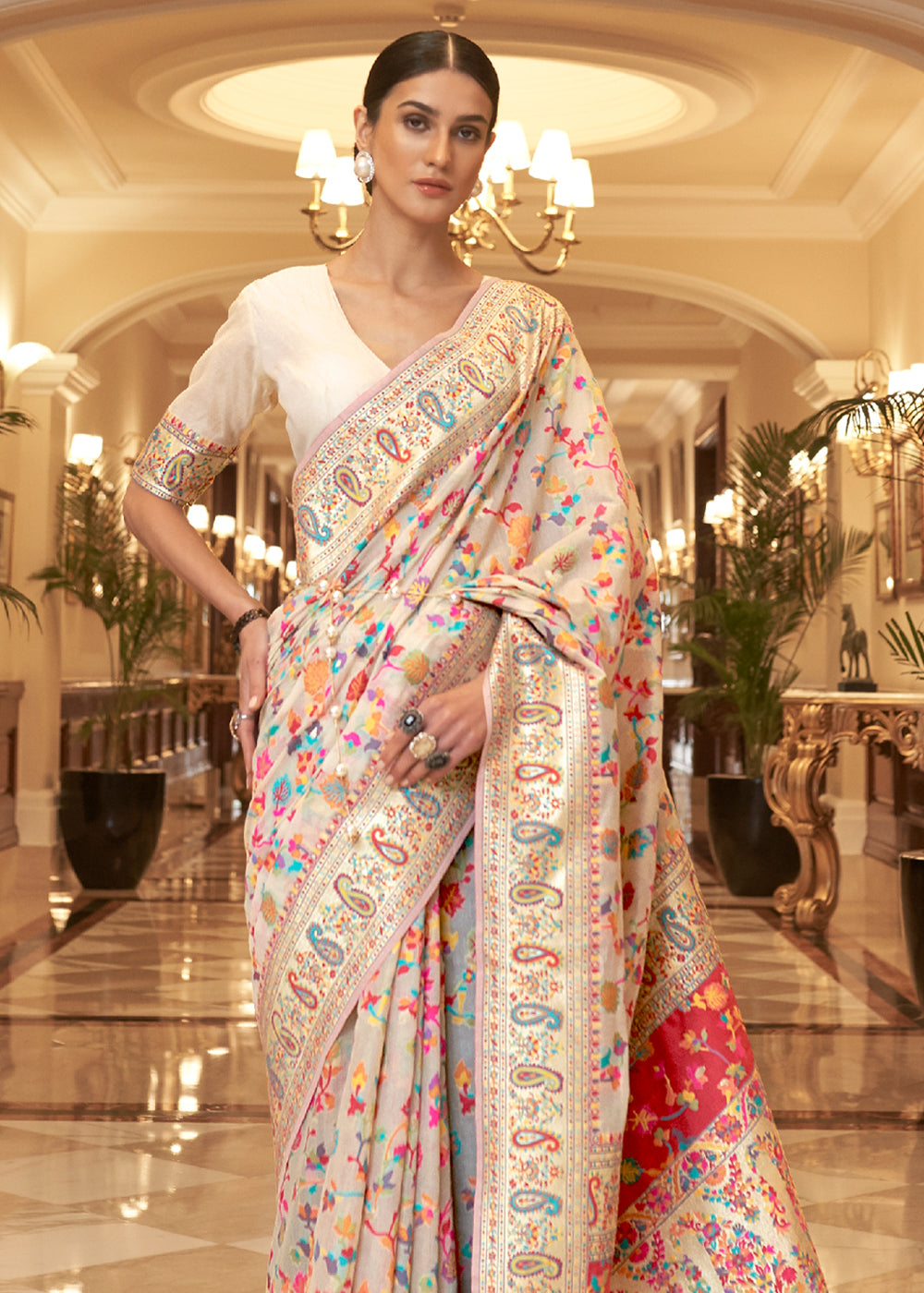 Floral Off-White Woven Kashmiri Pashmina Saree